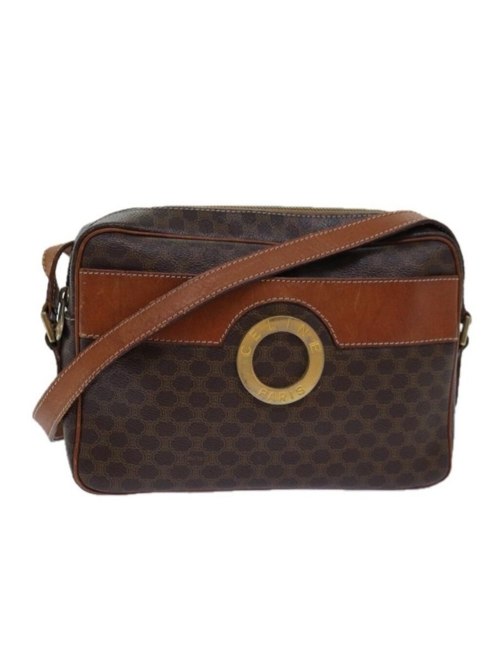 Authentic CELINE Macadam Canvas Shoulder Bag PVC Leather Brown Gold